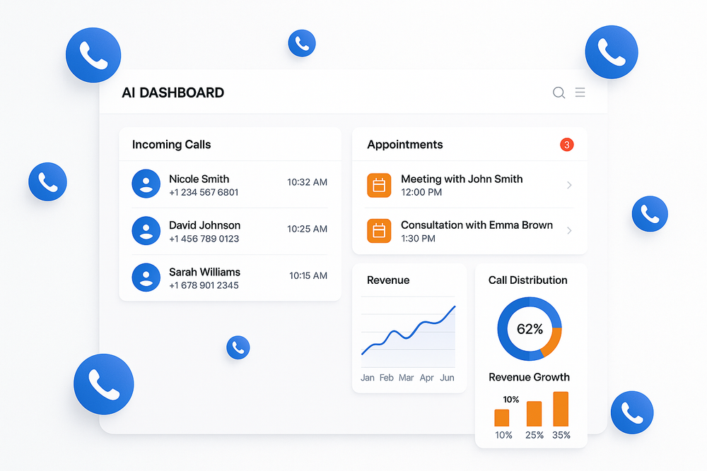 Professional AI dashboard mockup with incoming calls, floating phone icons, appointment notifications, revenue graphs, blue/orange accents.